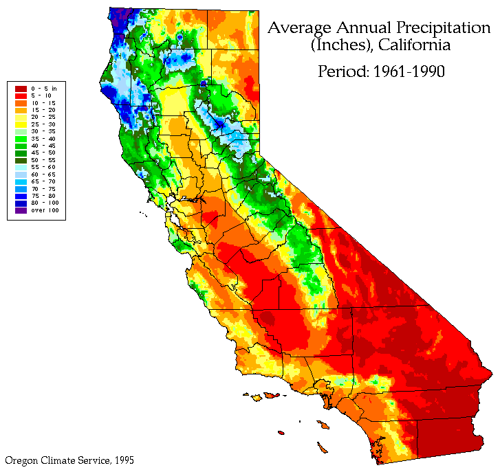 Average annual precipitation of California, coastal climate and clothing